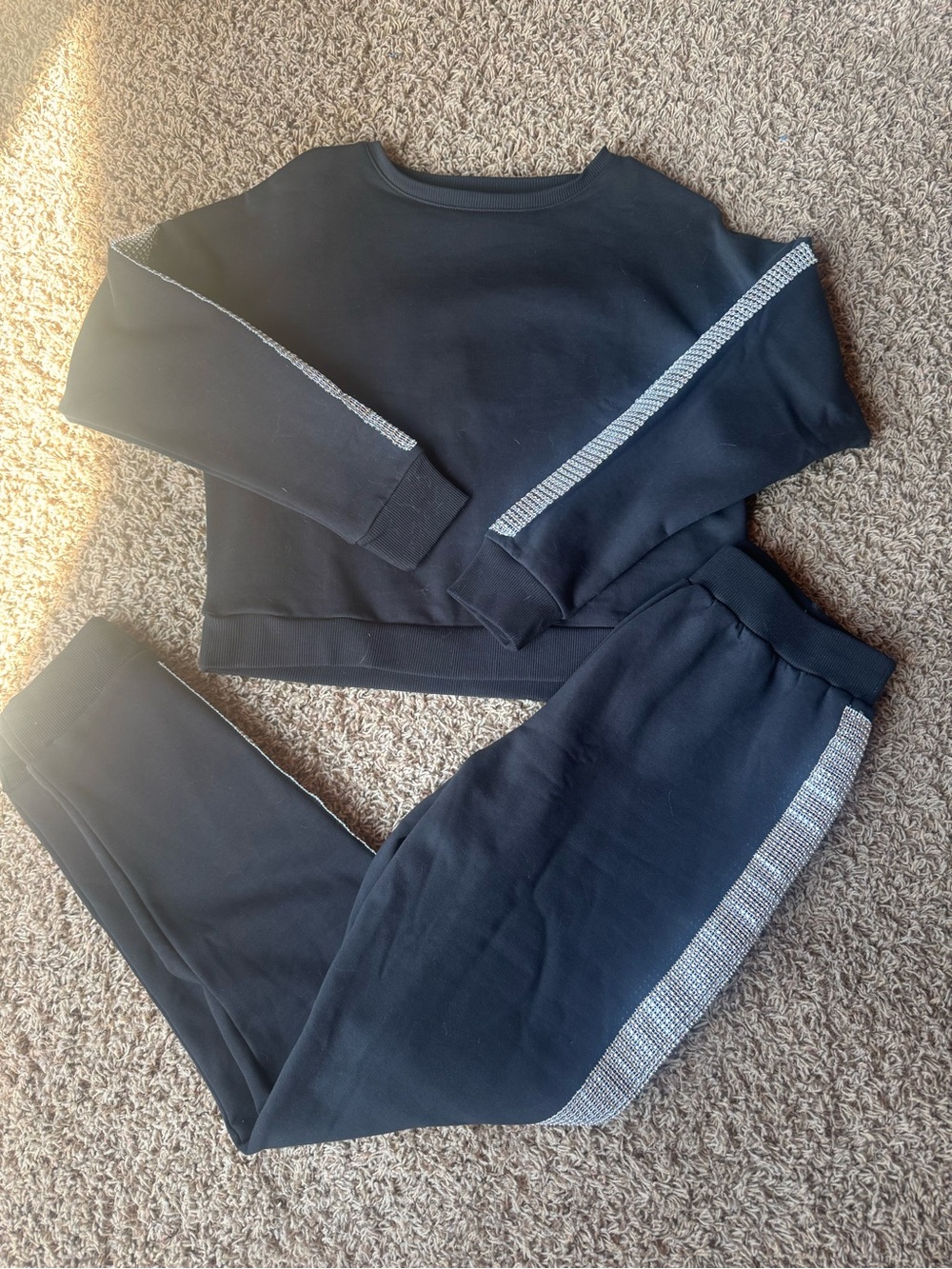 Black Sweatshirt and Jogger Set with Rhinestone Side Trim